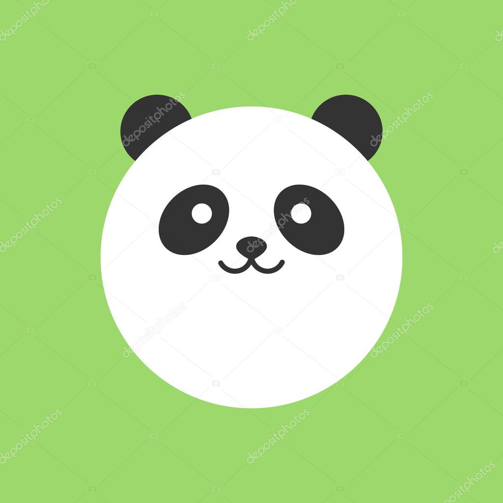 Cute panda round vector graphic icon. Panda bear animal head, face illustration. Isolated on green background.