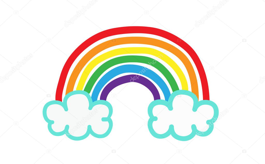 Color rainbow with clouds, vector illustration doodle style, isolated on white background