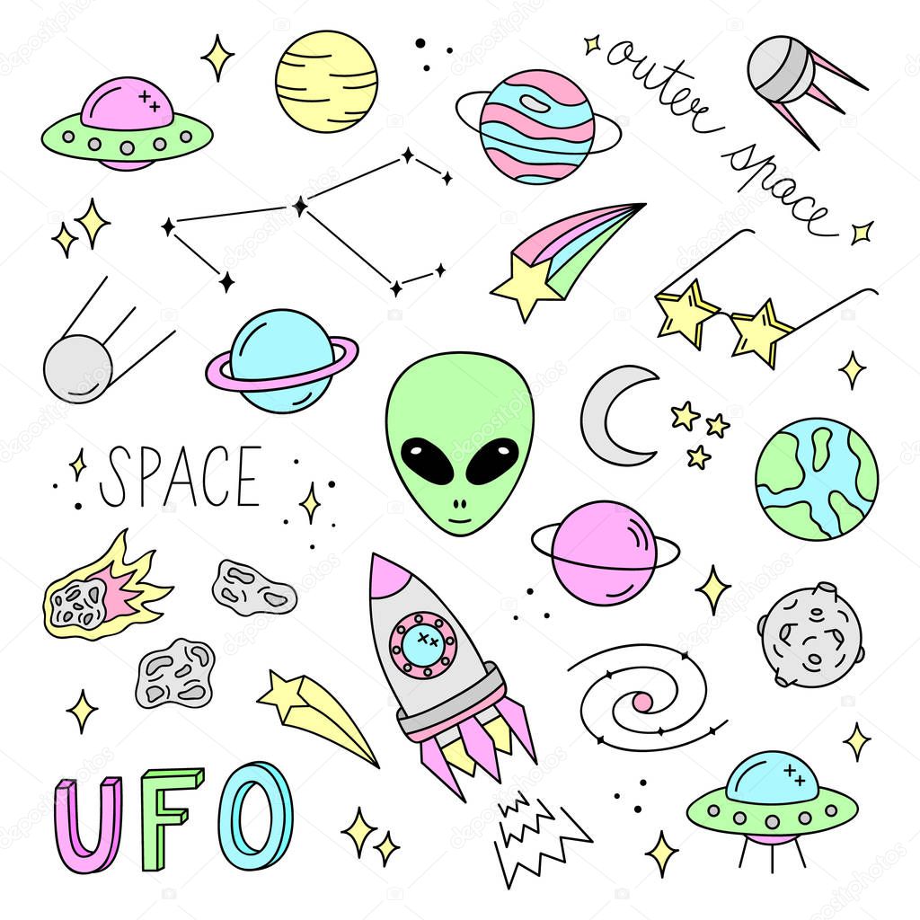 Outer space vector objects and writings. Alien, ufo, planets, moon, satellite, comet, meteorite, stars, solar system,  rocket and other space icons. Cute, colorful, doodle, hand drawn galaxy set.