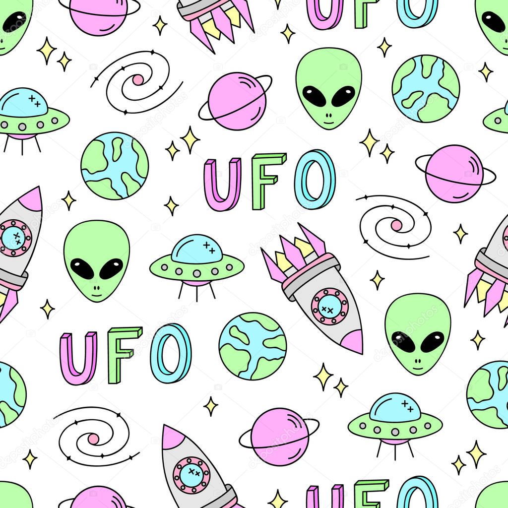 Colorful cute space vector seamless pattern. Universe, outer space objects background. Alien, spaceship, ufo, galaxy, planets, stars.