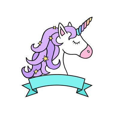 Boş şerit ile büyülü renkli Unicorn kafa. Unicorn vektör Illustration, logo, simge veya sticker, izole.
