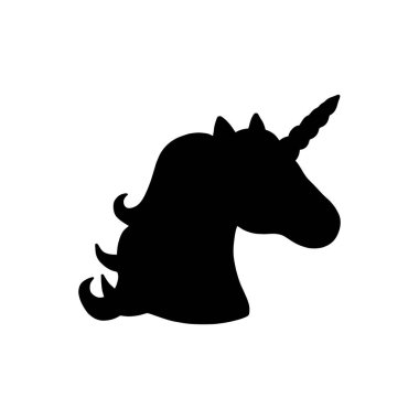 Unicorn siyah silueti. Vektör çizim, izole. Unicorn 'un kafasının siyah şekli. Grafik simgesi, logo.