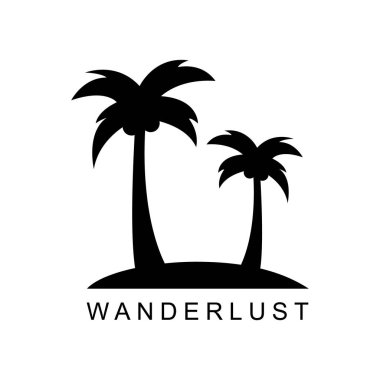 Wanderlust vektör simgesi. Adada yazılı tropikal avuç içi. Basit siyah simge seyahat.