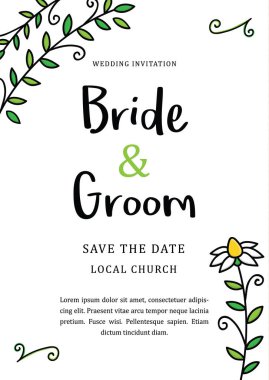 El çizilmiş çiçek, yapraklı düğün daveti, CMYK vektör grafik yazdırılabilir kart. Papatya çiçek karalamalar ile düğün şablonu.