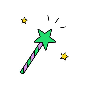 Sevimli el çizilmiş cadı sihirli değnek vektör illüstrasyon. Cadılar Bayramı, sihirbaz yeşil ve mor değnek sarı yıldızlar, izole.