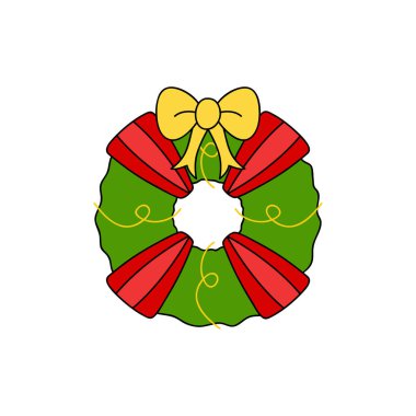Noel çelenk vektör illüstrasyon simgesi özetlenen. Kırmızı kurdele, sarı, altın kurdele yay ve dizeleri ile mevsimlik, şenlikli dekore xmas çelenk. 