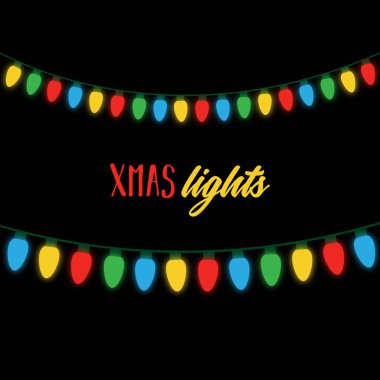 Dize Üzerinde Noel renkli ışıklar. Xmas yazma ile siyah arka plan üzerinde ışıklar. Renkli ampuller illüstrasyon.