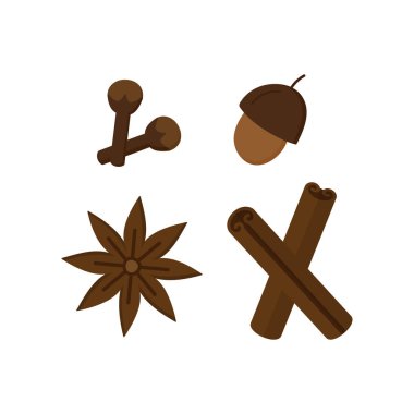 Baharat, baharat vektör illüstrasyon simgesi seti. Sonbahar, kış, noel, tatil, mevsimlik baharat koleksiyonu, farklı baharatlar. Tarçın çubukları, yıldız anason, karanfil ve fındık. 