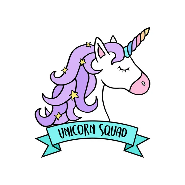 Cabeza Unicornio Mágico Colorido Con Cinta Escuadrón Unicornio Escritura Ilustración — Archivo Imágenes Vectoriales