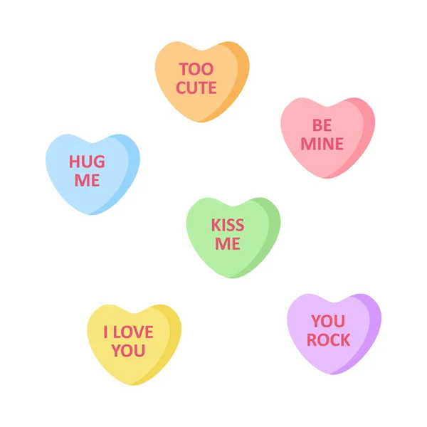 Bonbons Forme Coeur Mignon Avec Des Écrits Amour Ensemble Icônes — Image vectorielle