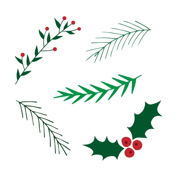 Hand Getekende Kerstset Maretak Leavy Takken Vector Illustraties Conifer Boomtakken — Stockvector