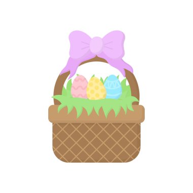 Paskalya sepeti vektör çizim dokuma. Tatil sepeti pastel ile yumurta, çim ve mor şerit yay üst desenli. Paskalya yumurtası avı sevimli simge izole,.