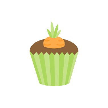 Sevimli Paskalya, bahar cupcake vektör illüstrasyon. Havuç ile süslenmiş çikolatalı cupcake. Izole.