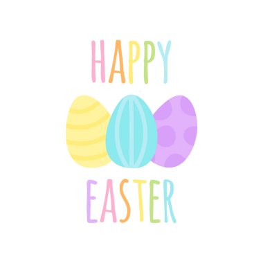 Mutlu Paskalya vektör illüstrasyon, pastel renkli tebrik kartı, boyalı paskalya yumurtaları ve gökkuşağı yazma.