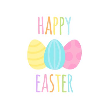 Mutlu Paskalya vektör illüstrasyon, pastel renkli tebrik kartı, boyalı paskalya yumurtaları ve gökkuşağı yazma.
