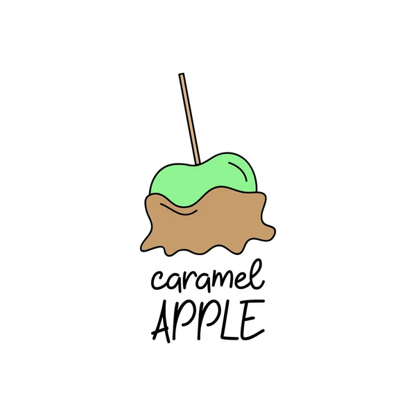 Karamel Apple Vector Geschetst Illustratie Pictogram Met Schrijven Groene Appel — Stockvector