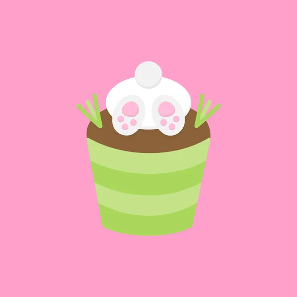 かわいいイースター 春のカップケーキベクトルイラスト 面白いイースターバニーと草で飾られたチョコレートカップケーキ ピンクの背景に隔離 — ストックベクタ