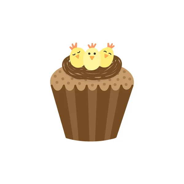 Śliczne Wielkanoc Wiosna Cupcake Ilustracji Wektorowych Waniliowy Cupcake Ozdobiony Gniazdkami — Wektor stockowy