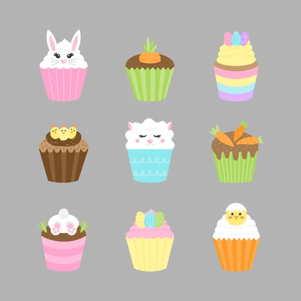 Easter Spring Cupcakes Vector Illustration Icon Collection Holiday Seasonal Decorated — Stock Vector