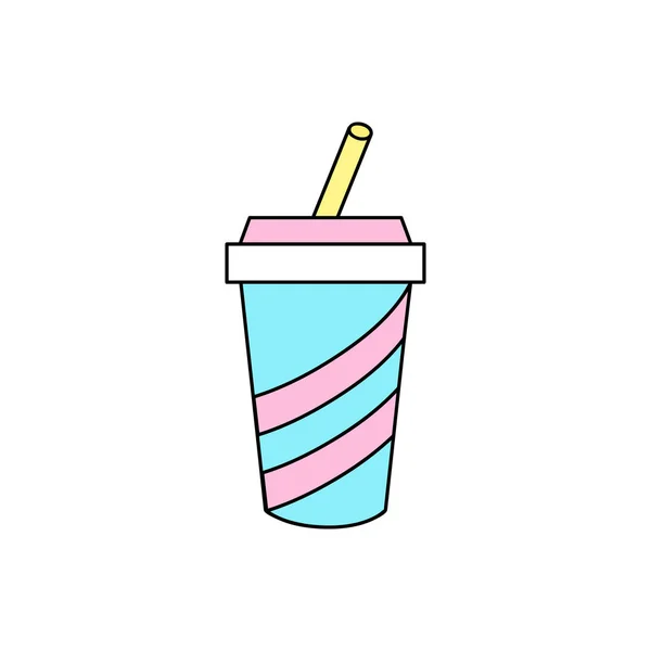 Blue Paper Cup Pink Stripes Yellow Straw Vector Illustration Icon — Stock Vector