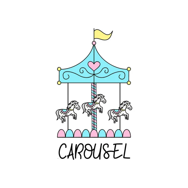 Joyeux Tour Carrousel Chevaux Icône Illustration Vectorielle Avec Écriture — Image vectorielle