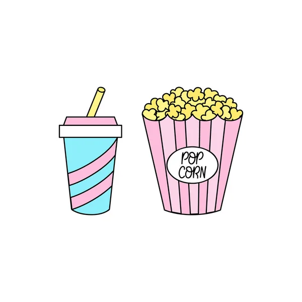 Set Cinema Fast Food Snacks Popcorn Pink Paper Box Soda — Stock Vector