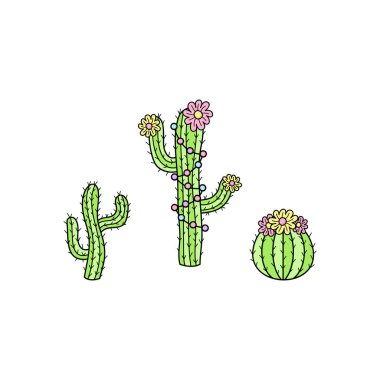 Elle çizilmiş kaktüs koleksiyonu. Çiçek ve süslemeleri ile kaktüs bitkilerin Sevimli özetlenen vektör illüstrasyonlar. Izole.