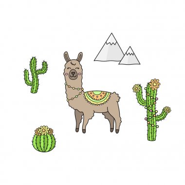 Elle çizilmiş lama koleksiyonu. Kahverengi lama veya apakta desenli püsküllü battaniye ile. Llama hayvan, kaktüs bitkiler ve dağların Sevimli özetlenen vektör illüstrasyonlar. Izole.