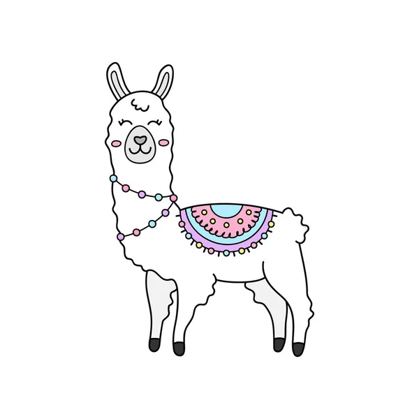 Linda Llama Blanca Dibujada Mano Con Manta Flecos Estampada Lindo — Vector de stock