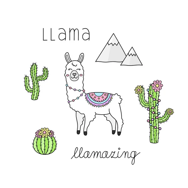 Llama Colección Dibujada Mano Llama Blanca Alpaca Con Manta Flecos — Archivo Imágenes Vectoriales