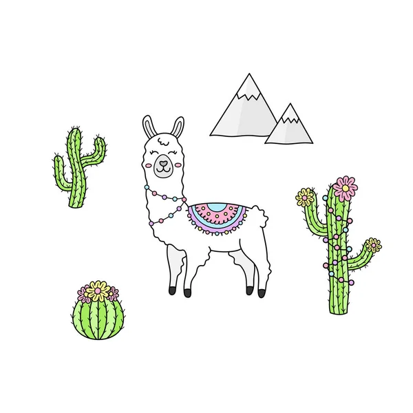 Hand Drawn Llama Collection White Llama Alpaca Patterned Fringed Blanket — Stock Vector