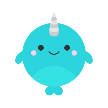 Sevimli deniz gergedanı yuvarlak grafik vektör simgesi. Yüzgeçli ve boynuzlu mavi narwhale, hayvan kafası, yüz illüstrasyonu. Izole.