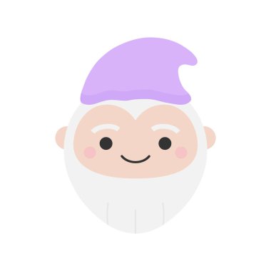 Sevimli cüce yuvarlak grafik vektör simgesi. Gri sakallı ve mor şapkalı gnome. Fairytale yaratık, büyülü karakter kafası, yüz illüstrasyon. Izole.
