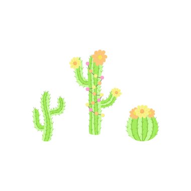 Elle çizilmiş kaktüs koleksiyonu. Çiçek ve süslemeleri ile kaktüs bitkilerin Sevimli vektör illüstrasyonlar. Izole.