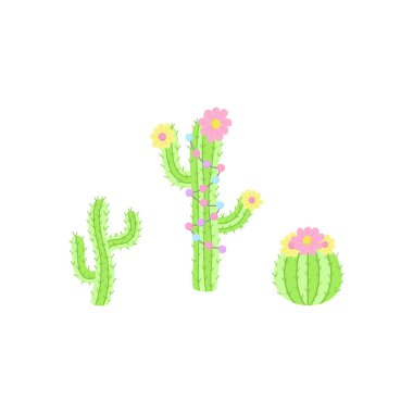 Elle çizilmiş kaktüs koleksiyonu. Çiçek ve süslemeleri ile kaktüs bitkilerin Sevimli vektör illüstrasyonlar. Izole.