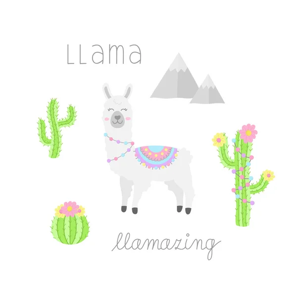 ラマ手描きのコレクション 白いラマやアルパカに模様入り毛布 ラマ動物 サボテンの植物や山のかわいいベクトルイラストや文章 — ストックベクタ