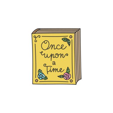 Peri masalı, hikaye kitabı vektör illüstrasyon. Bir zamanlar, yatmadan önce eski, güllerle süslenmiş vintage bir kitap. Elle çizilmiş izole özetli simge, etiket.