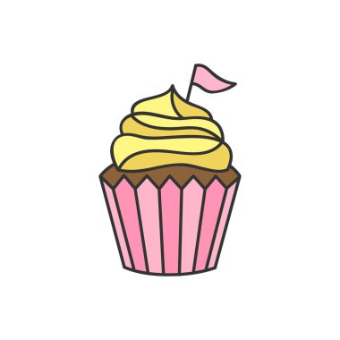 Cupcake vektör illüstrasyon. Sevimli tatlı çikolata cupcake, vanilya krema krema krema ve pembe bayrak ile dekore muffin. Yalıtılmış el çizilmiş anahat simgesi, etiket.