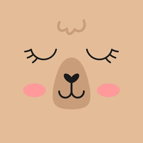 Lama Alpaca Gezicht Vector Illustratie Pictogram Vierkant Bruin Girly Lama — Stockvector