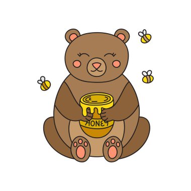 Bal vektörü illüstrasyonuyla ayı. Sevimli el çizimi, etrafında küçük arılar olan bir kavanoz bal taşıyan ayının oturduğu ana hatlar çizilmiş. Orman çizgi film karakteri. İzole edilmiş grafik.