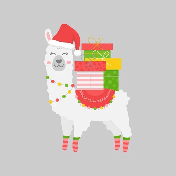 Noel lama vektör illüstrasyonu. Tatlı şenlikli, mevsimlik, modaya uygun beyaz alpaka renkli hediyeli bir hayvan. İzole çizgi film baskı grafiği, karakter.