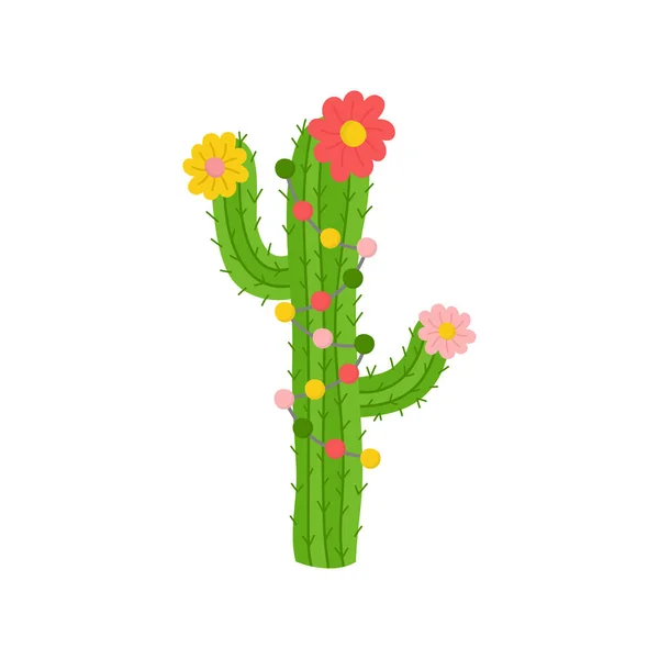 Illustration Vectorielle Cactus Noël Festive Saisonnière Vacances Mignon Cactus Décoré — Image vectorielle