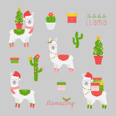 Noel lama vektör illüstrasyonu seti. Sevimli, modaya uygun, mevsimlik xmas lama koleksiyonu. Alpaka, kaktüs, yazılar ve Noel ağacı. İzole edilmiş grafik baskı çizgi film karakteri.