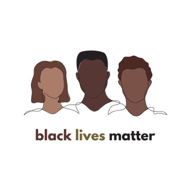 Black lives matter. Three people silhouette equality vector illustration. Hand drawn different gender, culture outline figures in one black line with colorful background. Isolated. clipart