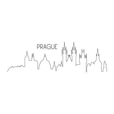 Prag bir satır vektör silueti çizimi. Başkenti Çek Cumhuriyeti, Prag siyah ince silueti yazılı. İzole edilmiş.