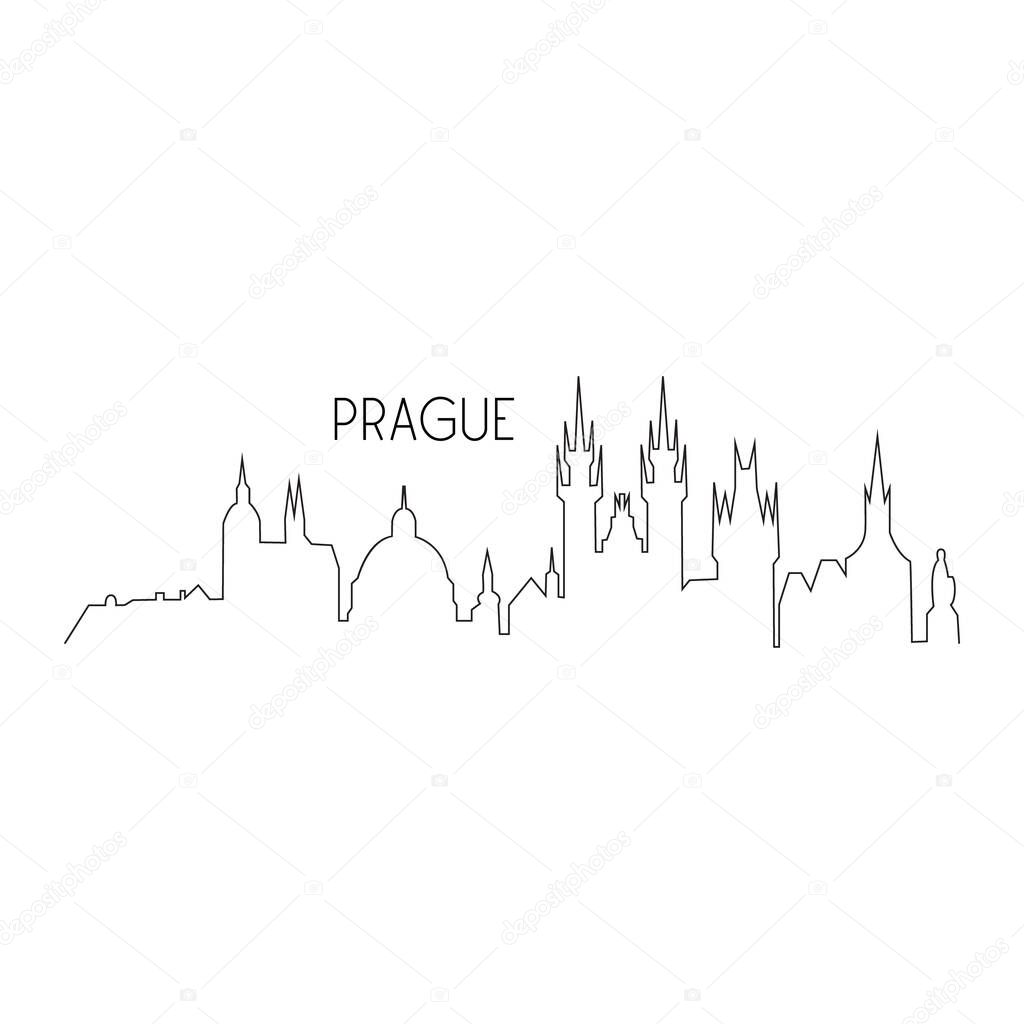 Prague one line vector landmark silhouette illustration. Capital city of Czech Republic, Prague black thin skyline with writing. Isolated.