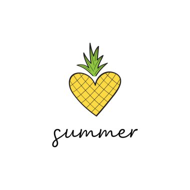 Yaz ananaslı el çizimi. Renkli sarı ve yeşil ananas kalpli kara yaz yazıları. İzole edilmiş.