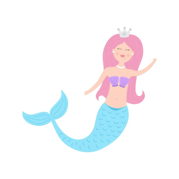 Lindo Vector Sirena Ilustración Chica Sirena Pelo Rosa Princesa Con — Vector de stock