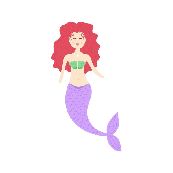 Bonito Sereia Vetor Ilustração Menina Sereia Cabelo Vermelho Princesa Com —  Vetores de Stock