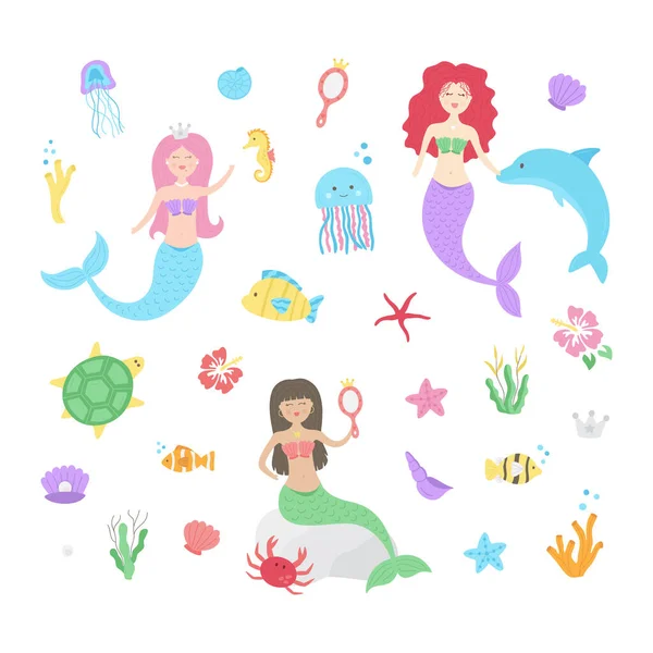 Tatlı denizkızı sualtı vektör çizimi seti. Denizkızı kızları, prensesler, okyanus hayvanları ve bitki koleksiyonu. İzole edilmiş.